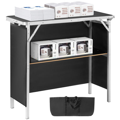 Folding Portable Bar Table, Tradeshow Podium Table for Indoor, Outdoor, Party, Picnic, Exhibition, Includes Carrying Case, Storage Shelf and  Black Skirt, 38.39" x 15.16" x 34.25"