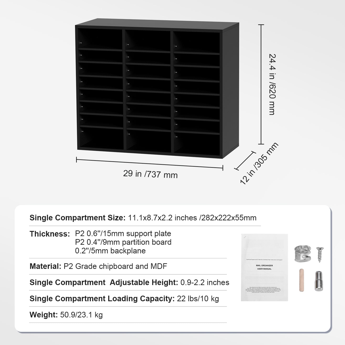 24 Compartment Black Wood File Sorter Organizer
