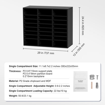 24 Compartment Black Wood File Sorter Organizer