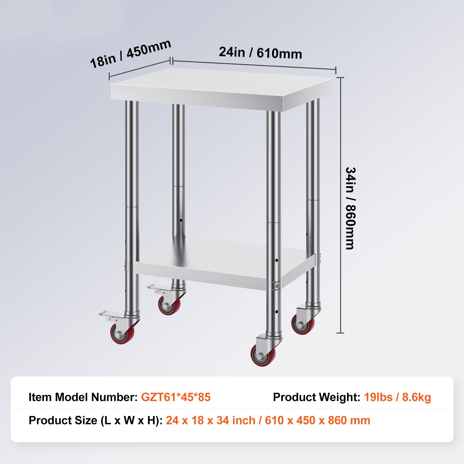 Stainless Steel Work Table - 24x18 Inch Adjustable Height Prep Station