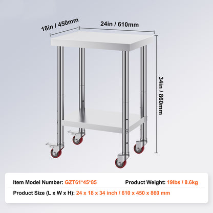 Stainless Steel Work Table - 24x18 Inch Adjustable Height Prep Station