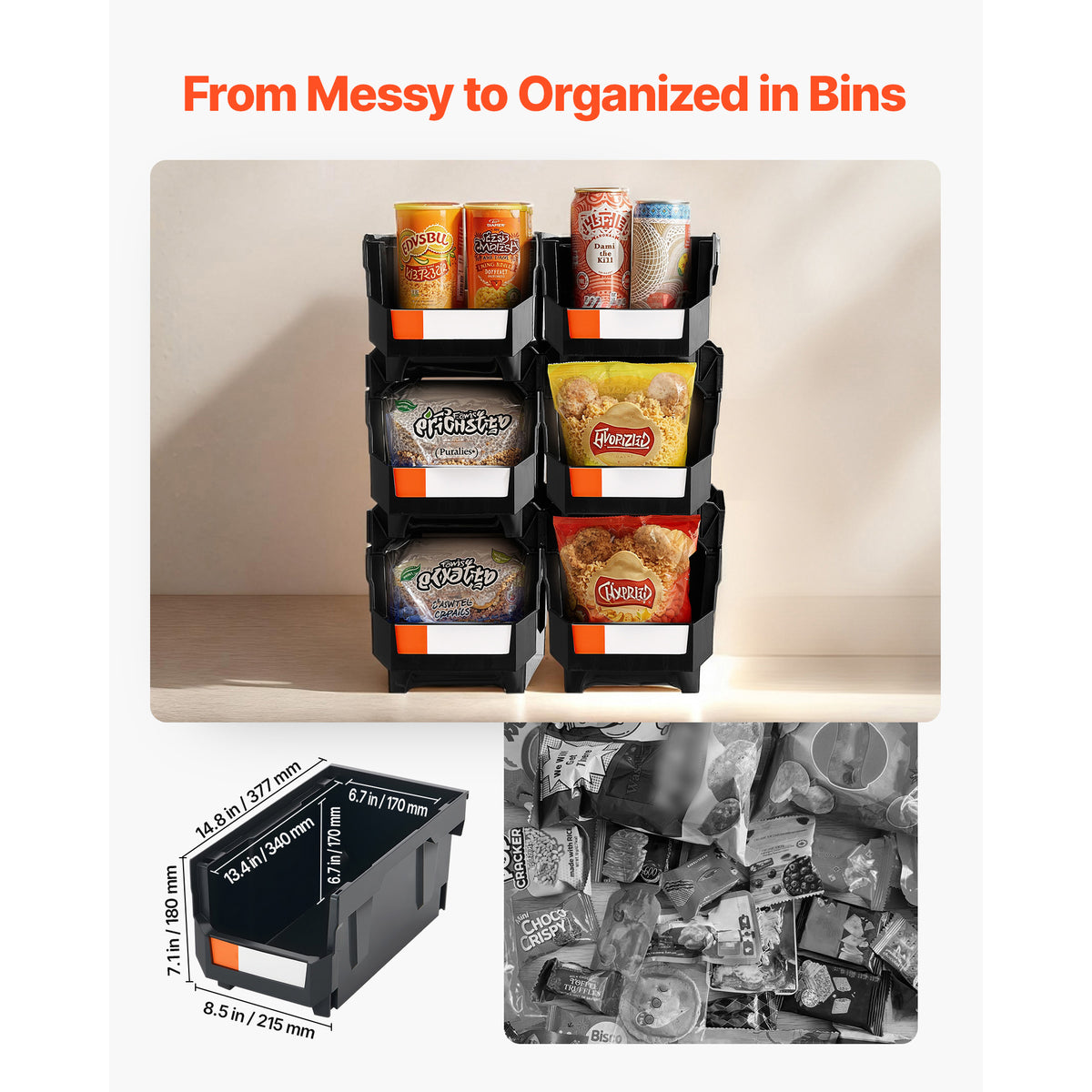 6 Pack Stackable Storage Bins - Black Polypropylene for Living Room
