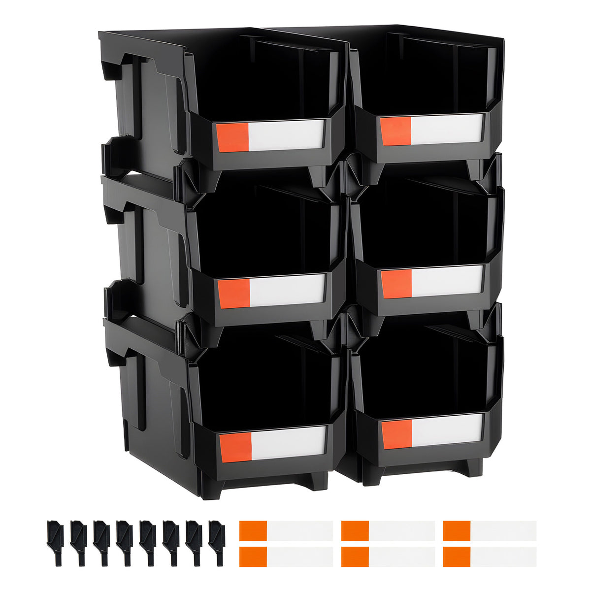 6 Pack Stackable Storage Bins - Black Polypropylene for Living Room