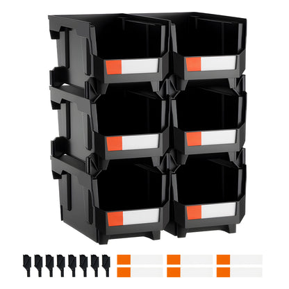 6 Pack Stackable Storage Bins - Black Polypropylene for Living Room
