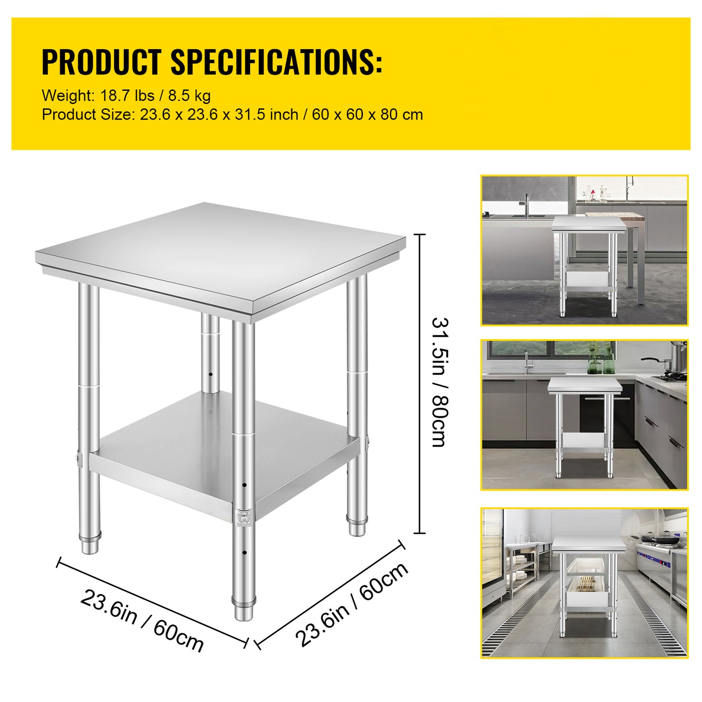 24 Inch Stainless Steel Kitchen Work Table - Steel Gray