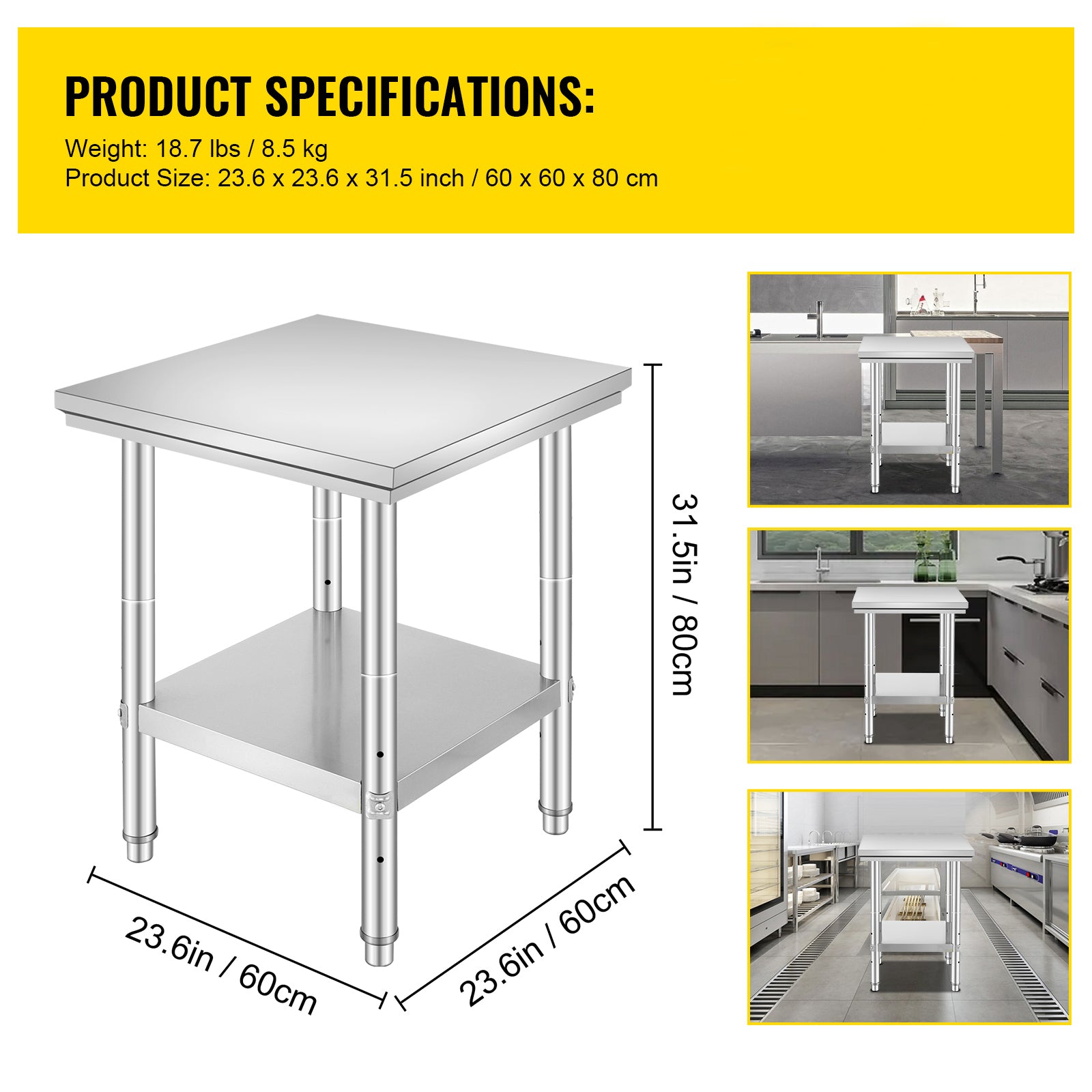 24 Inch Stainless Steel Kitchen Work Table - Steel Gray