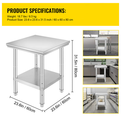 24 Inch Stainless Steel Kitchen Work Table - Steel Gray