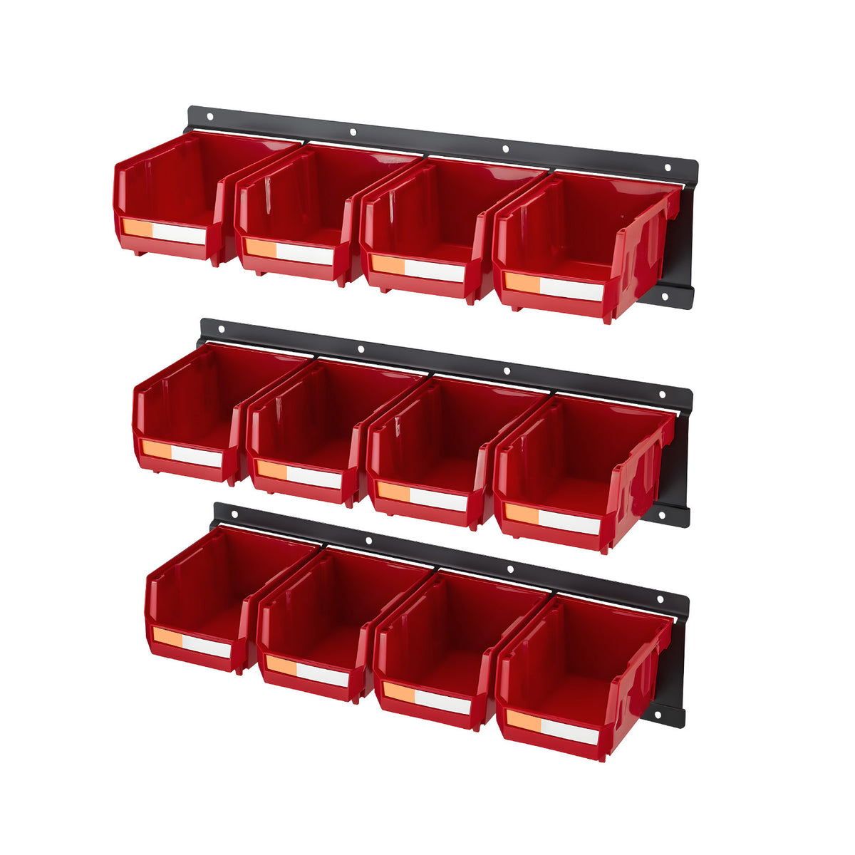 Red Polypropylene Wall Mounted Storage Bins - 12 Bins, 3 Rails for Living Room