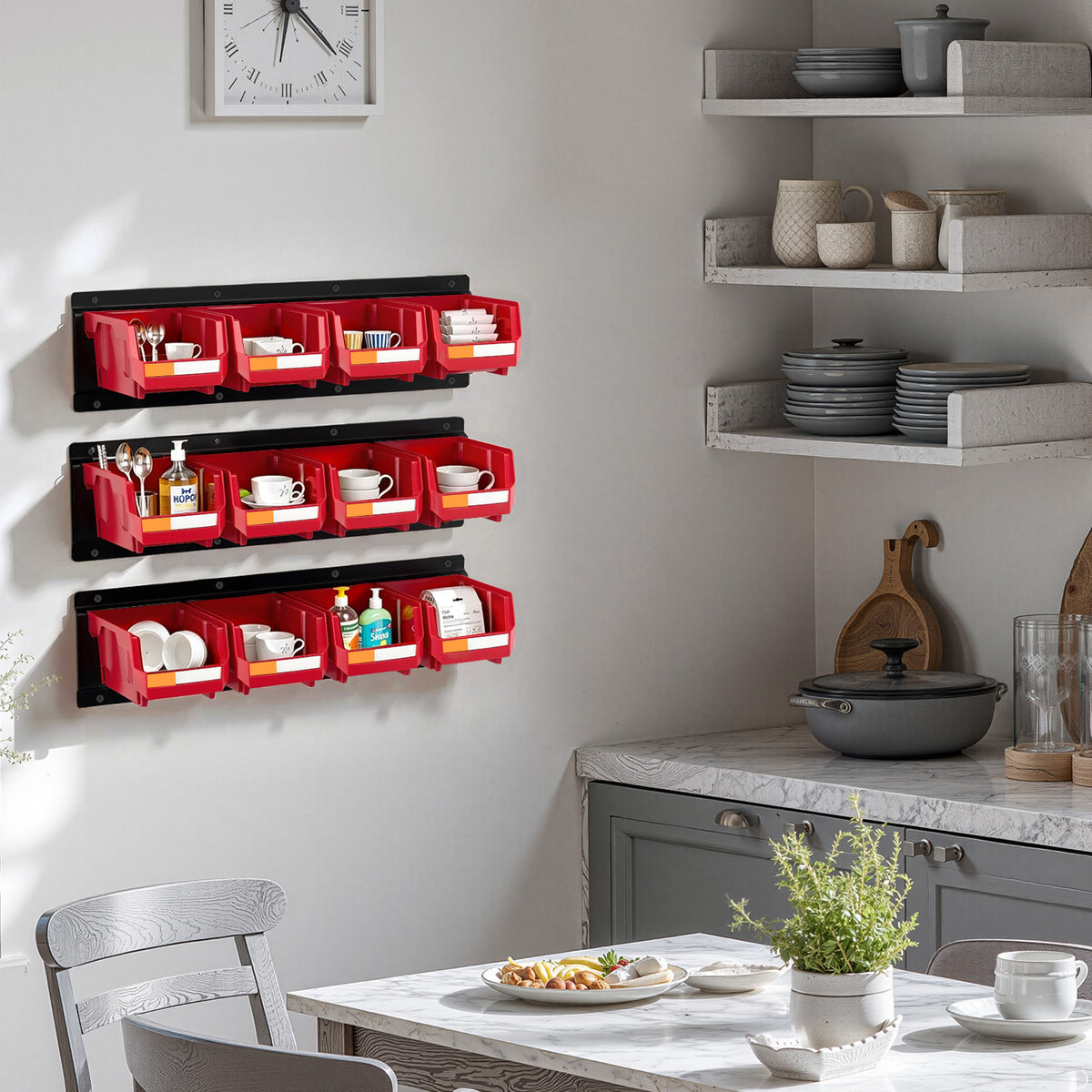Red Polypropylene Wall Mounted Storage Bins - 12 Bins, 3 Rails for Living Room