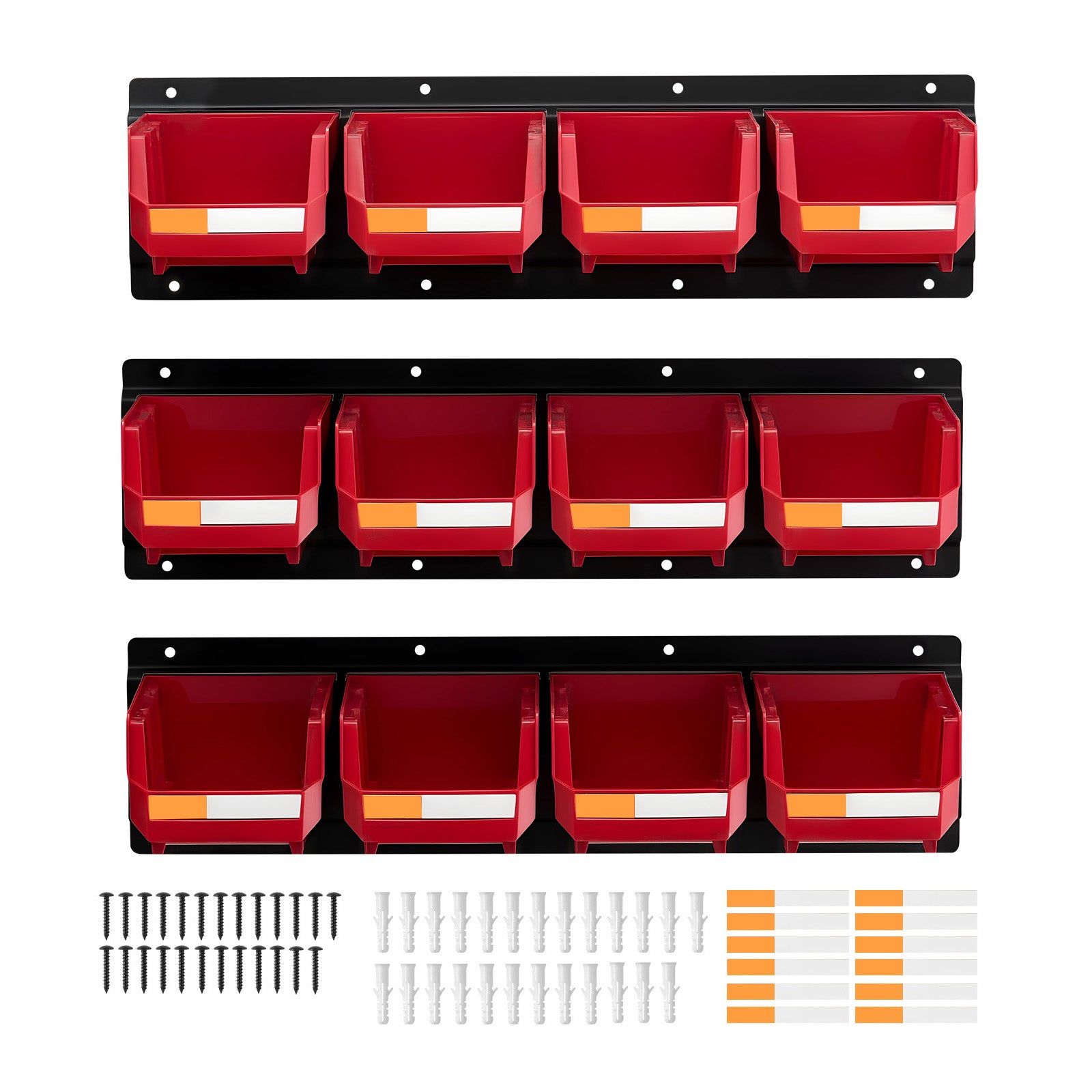 Wall Mounted Storage Bins, 12 Plastic Bins & 3 Metal Rails, Plastic Hanging Stackable Storage Bin for Screws, Nuts, Bolts, Nails, Hardware Tool Organizer for Workshop, Craft Room, Garage, Red