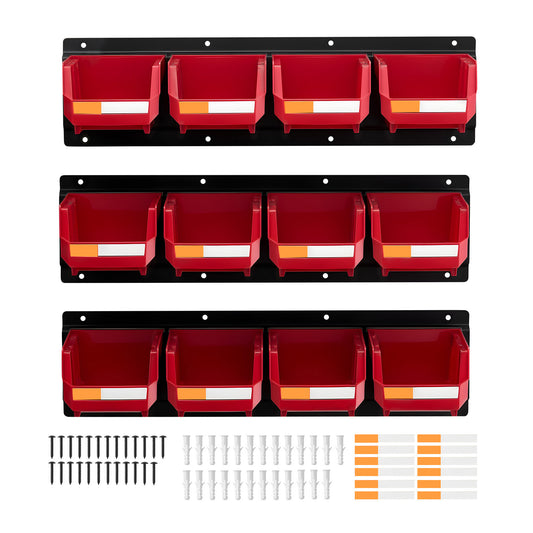Wall Mounted Storage Bins, 12 Plastic Bins & 3 Metal Rails, Plastic Hanging Stackable Storage Bin for Screws, Nuts, Bolts, Nails, Hardware Tool Organizer for Workshop, Craft Room, Garage, Red