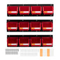 Wall Mounted Storage Bins, 12 Plastic Bins & 3 Metal Rails, Plastic Hanging Stackable Storage Bin for Screws, Nuts, Bolts, Nails, Hardware Tool Organizer for Workshop, Craft Room, Garage, Red