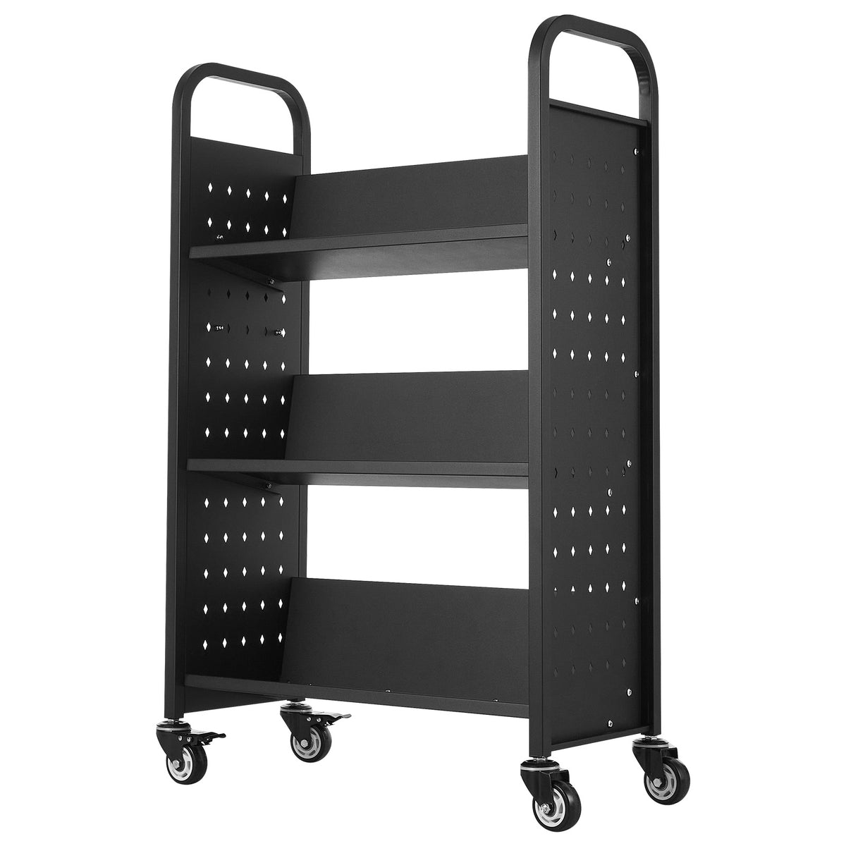 Large Black Carbon Steel Rolling Book Cart - 3 Tier Storage for Living Room
