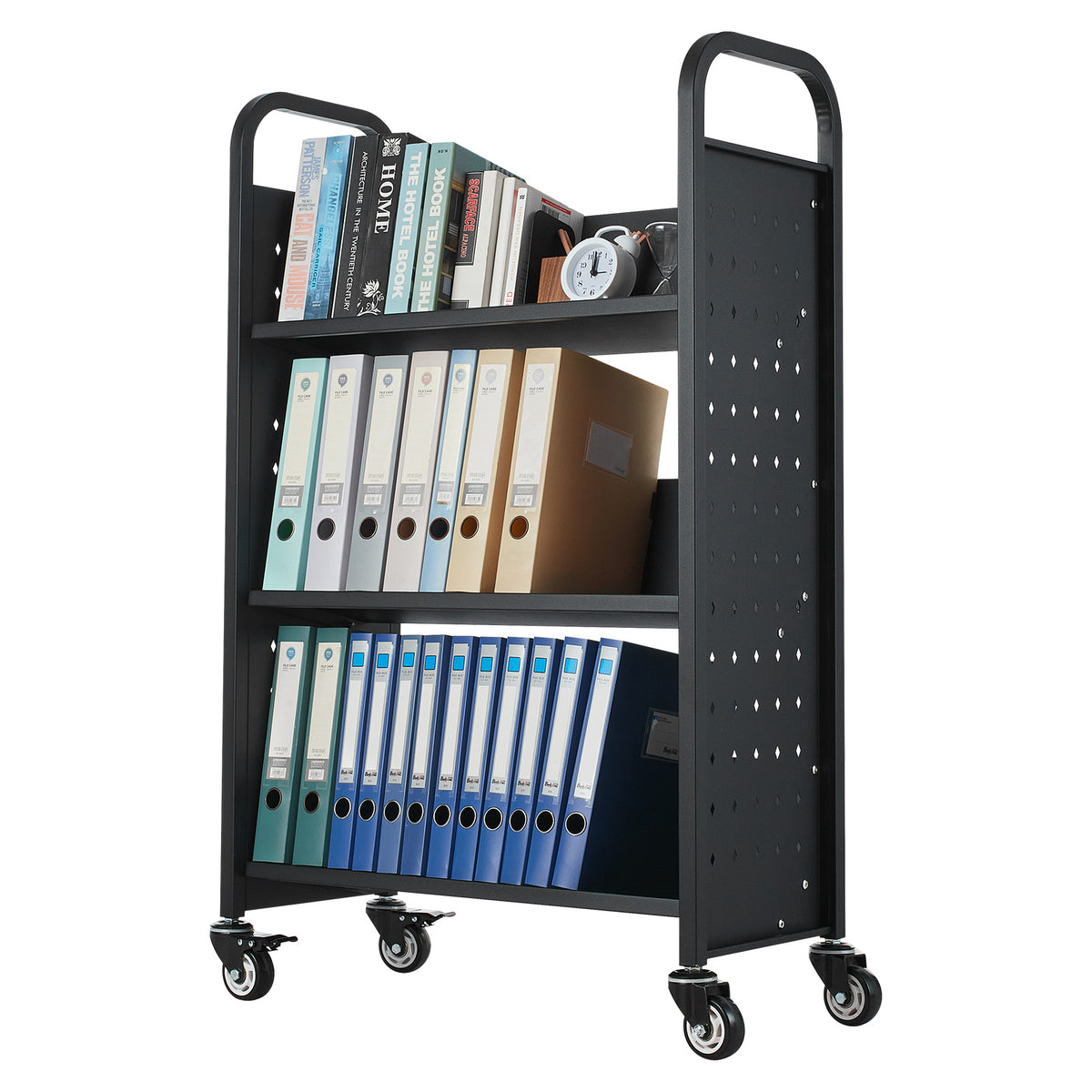 Large Black Carbon Steel Rolling Book Cart - 3 Tier Storage for Living Room