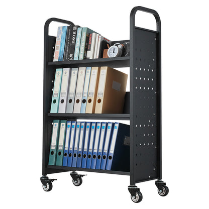 Large Black Carbon Steel Rolling Book Cart - 3 Tier Storage for Living Room