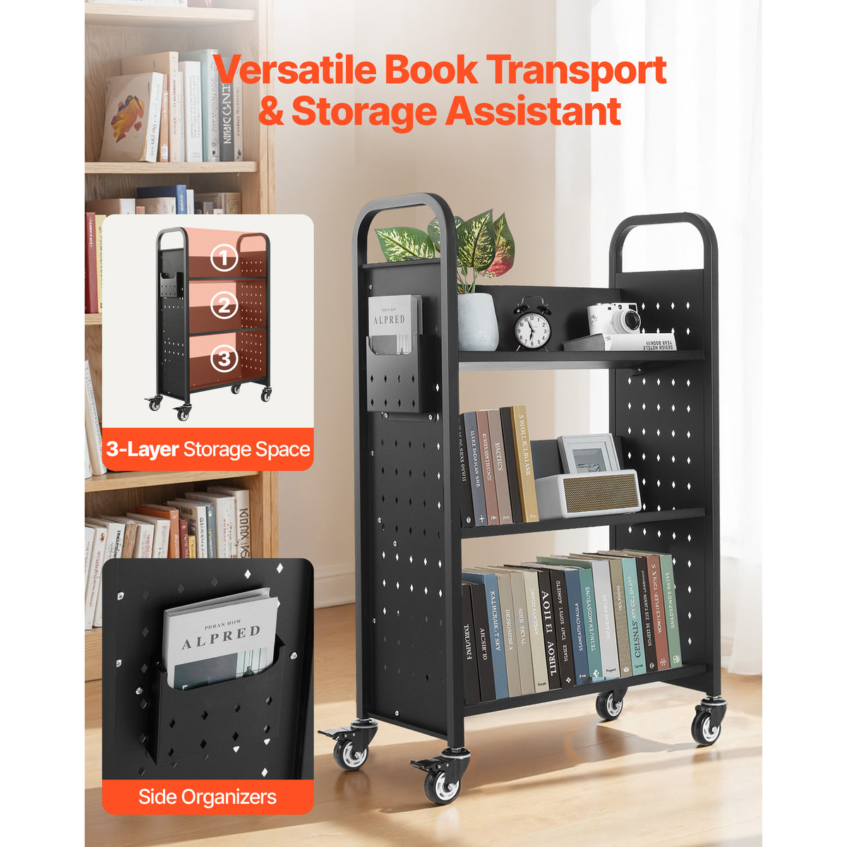 Large Black Carbon Steel Rolling Book Cart - 3 Tier Storage for Living Room