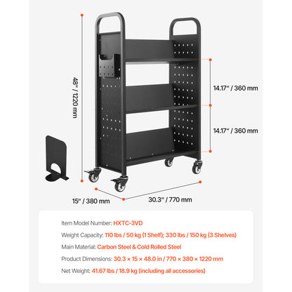Large Black Carbon Steel Rolling Book Cart - 3 Tier Storage for Living Room