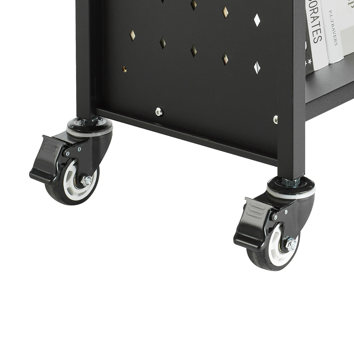 Large Black Carbon Steel Rolling Book Cart - 3 Tier Storage for Living Room