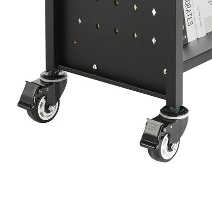 Large Black Carbon Steel Rolling Book Cart - 3 Tier Storage for Living Room