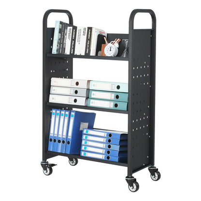 Large Black Carbon Steel Rolling Book Cart - 3 Tier Storage for Living Room