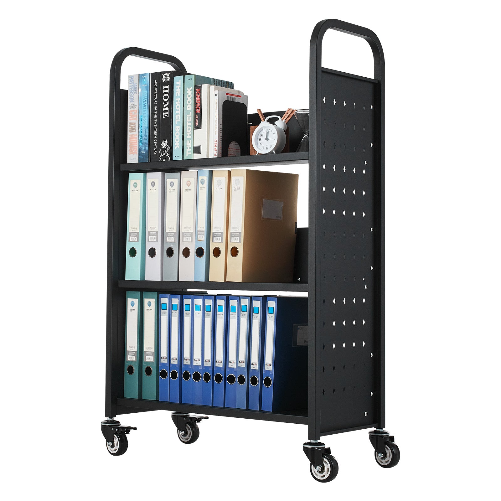 Large 3-Tier Rolling Book Cart - Black Carbon Steel for Living Room
