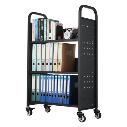Large 3-Tier Rolling Book Cart - Black Carbon Steel for Living Room
