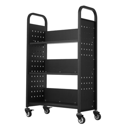 Large 3-Tier Rolling Book Cart - Black Carbon Steel for Living Room