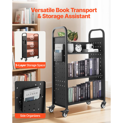 Large 3-Tier Rolling Book Cart - Black Carbon Steel for Living Room