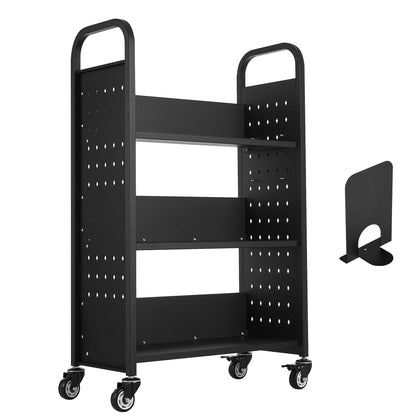 Large 3-Tier Rolling Book Cart - Black Carbon Steel for Living Room