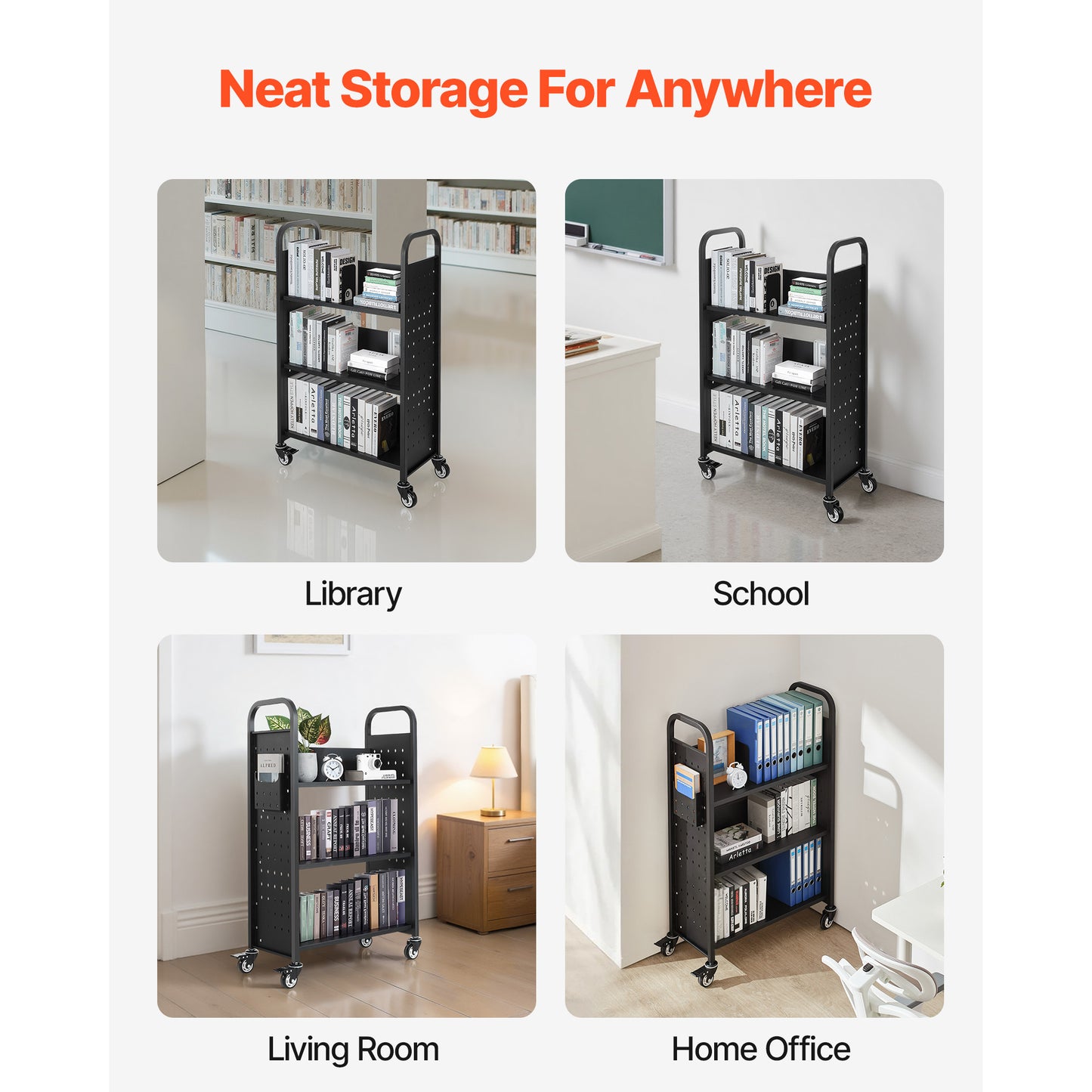 Large 3-Tier Rolling Book Cart - Black Carbon Steel for Living Room