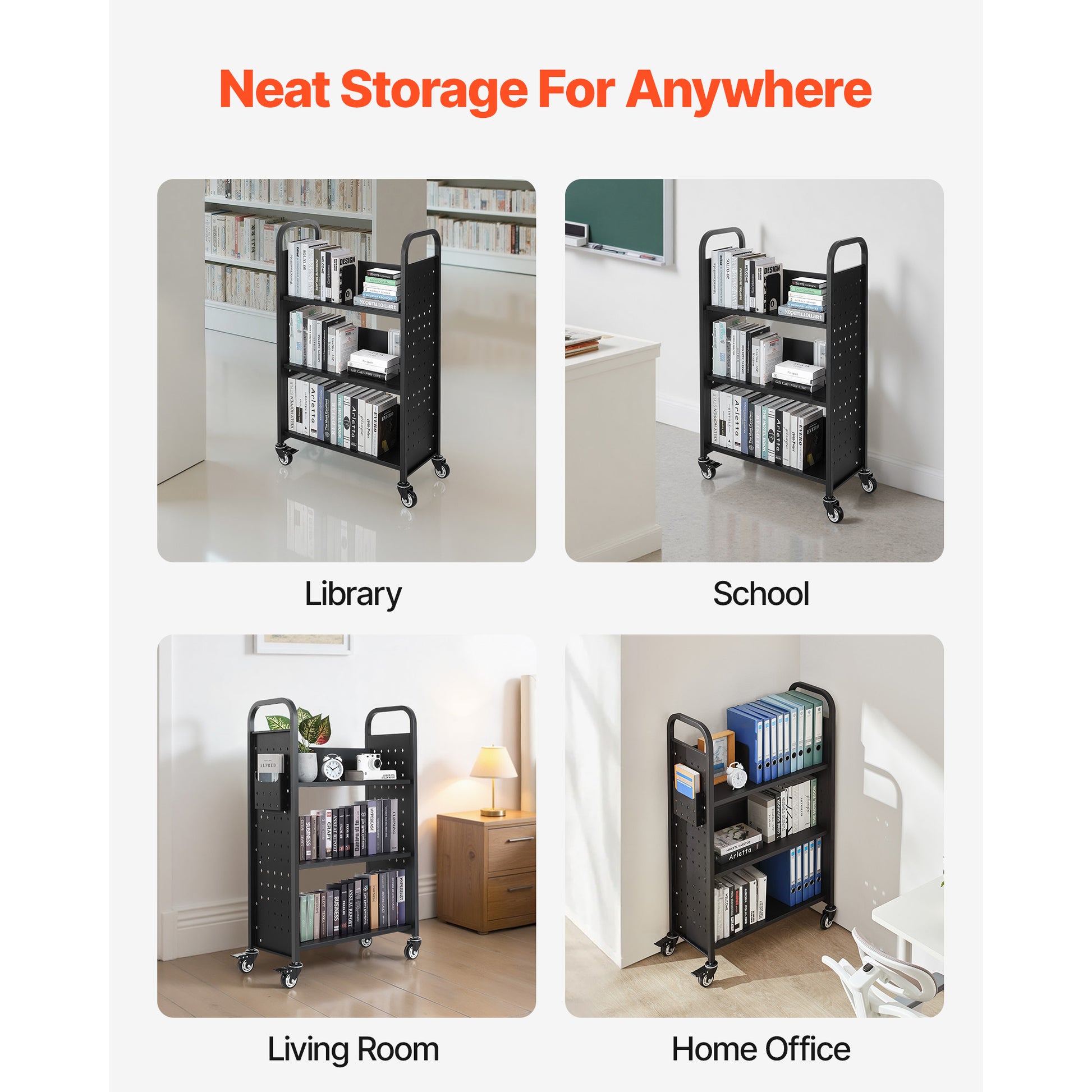 Large 3-Tier Rolling Book Cart - Black Carbon Steel for Living Room