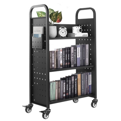 3-Tier Rolling Book Cart Single Sided L-Shaped Shelves Book Truck in Black