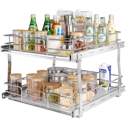 Silver Metal 2-Tier Pull Out Cabinet Organizer for Living Room