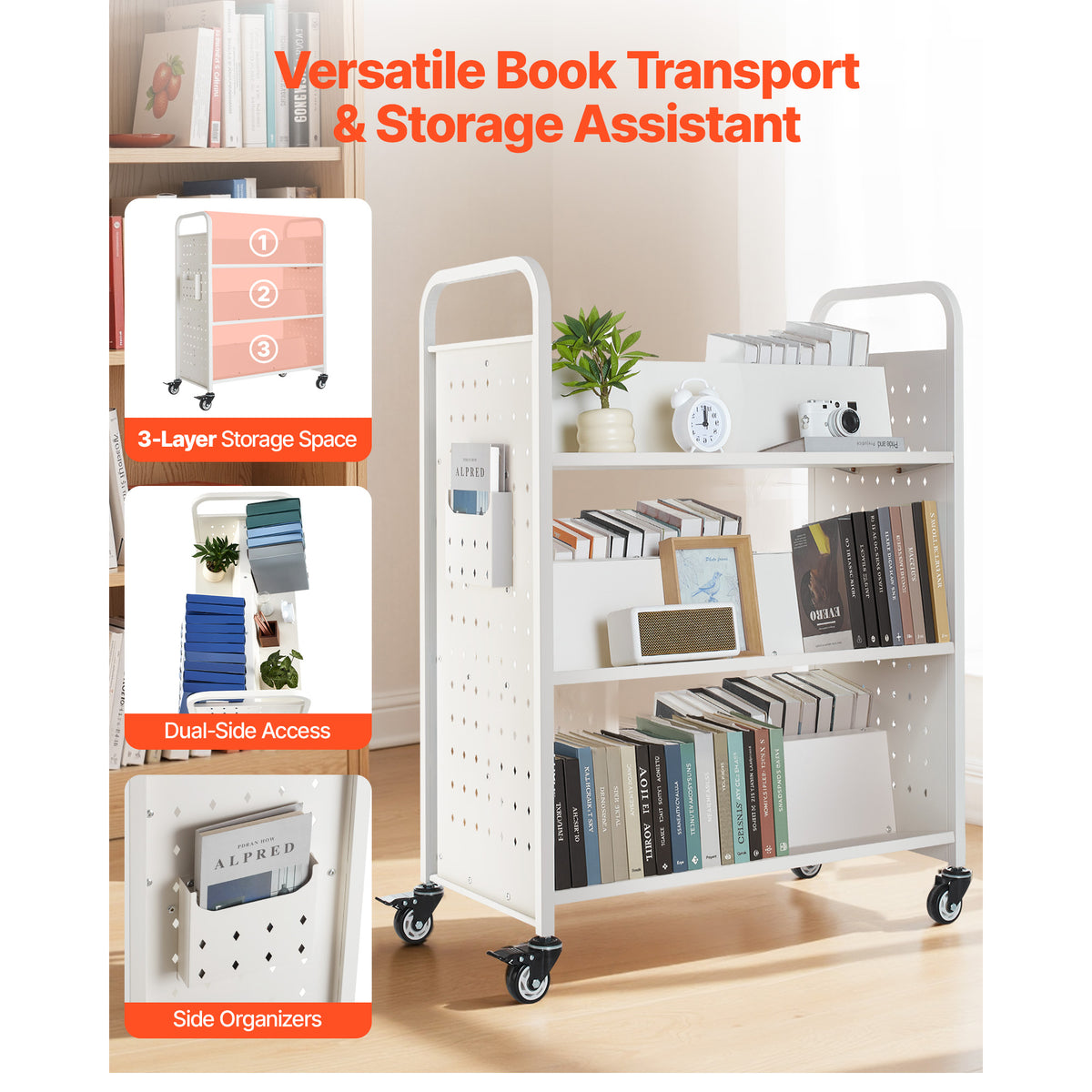 3-Tier Rolling Book Cart - White Storage Shelf