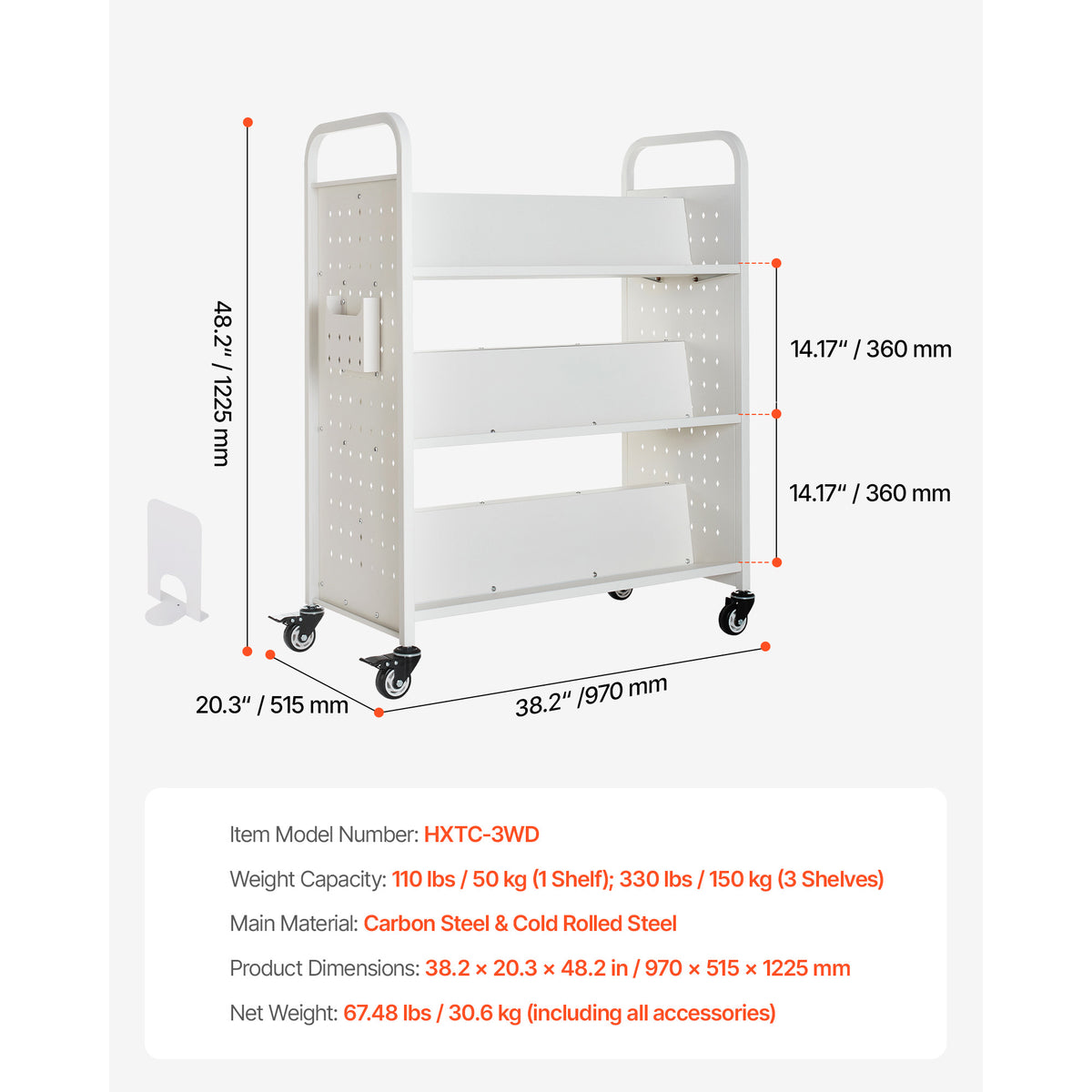 3-Tier Rolling Book Cart - White Storage Shelf