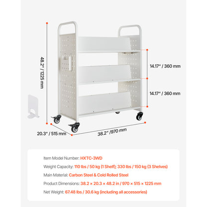 3-Tier Rolling Book Cart - White Storage Shelf