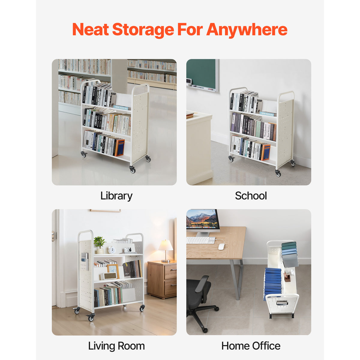 3-Tier Rolling Book Cart - White Storage Shelf
