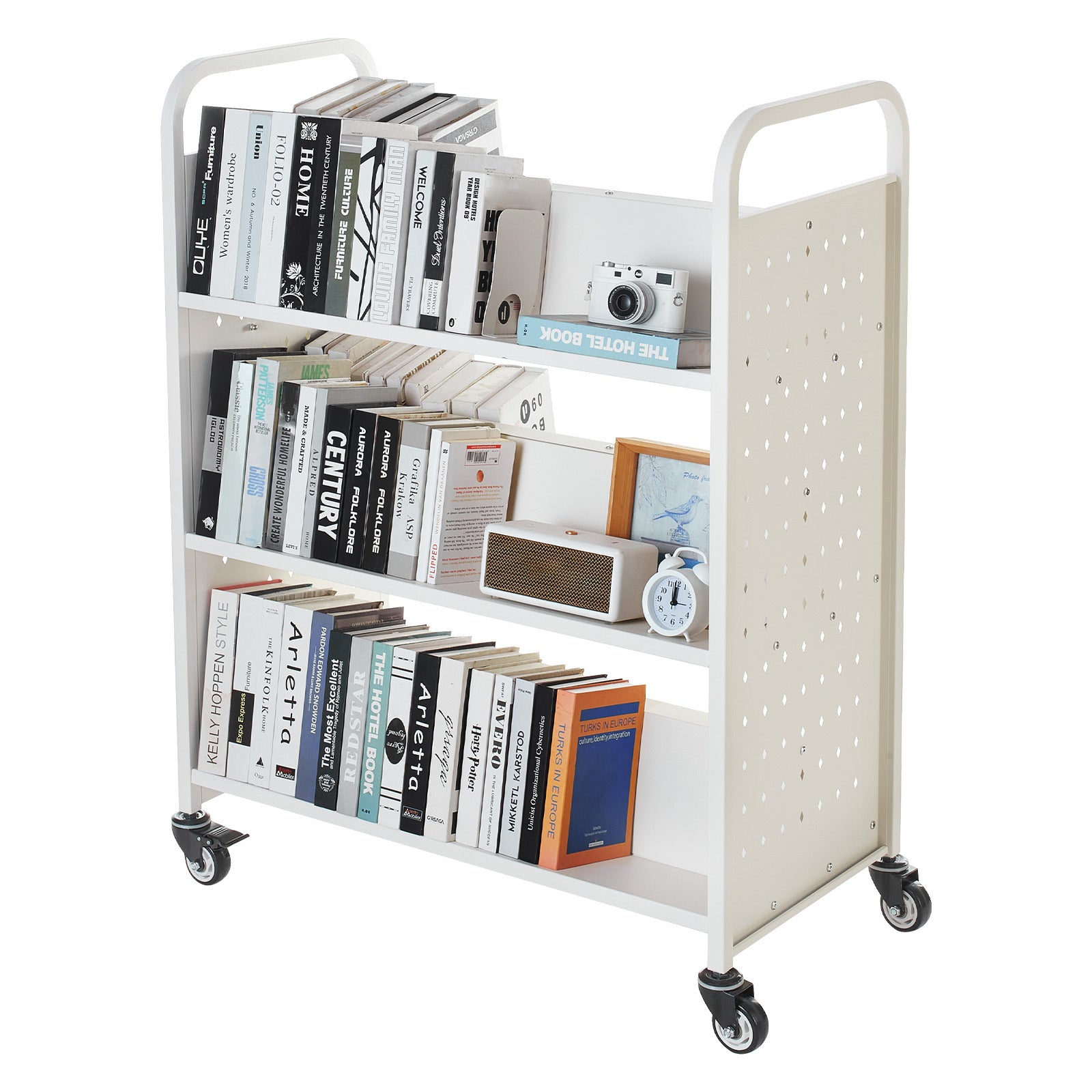 3-Tier Rolling Book Cart Double Sided W-Shaped Shelves Book Truck in White