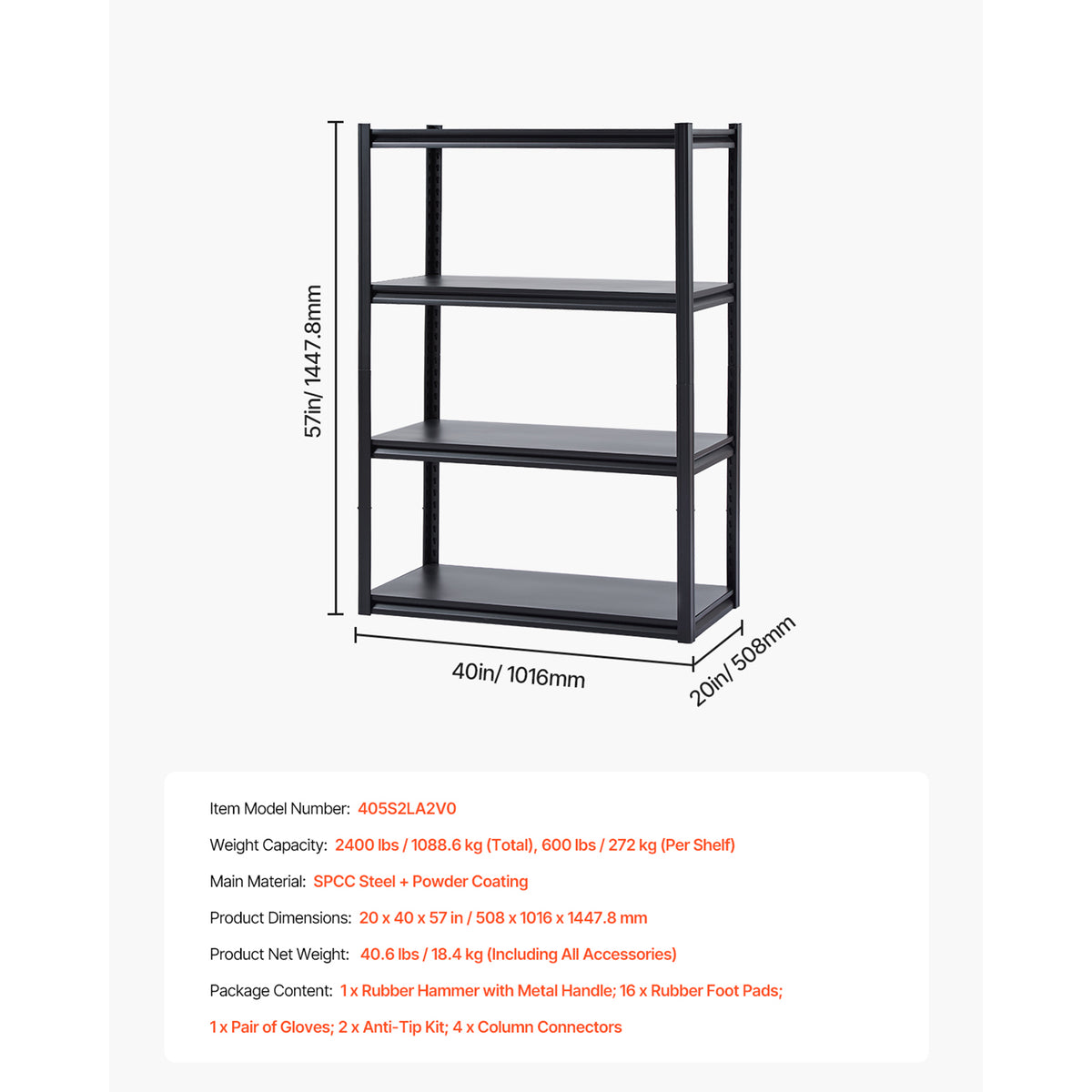 20 x 40 inch Carbon Steel Garage Shelves - 4 Tier Storage