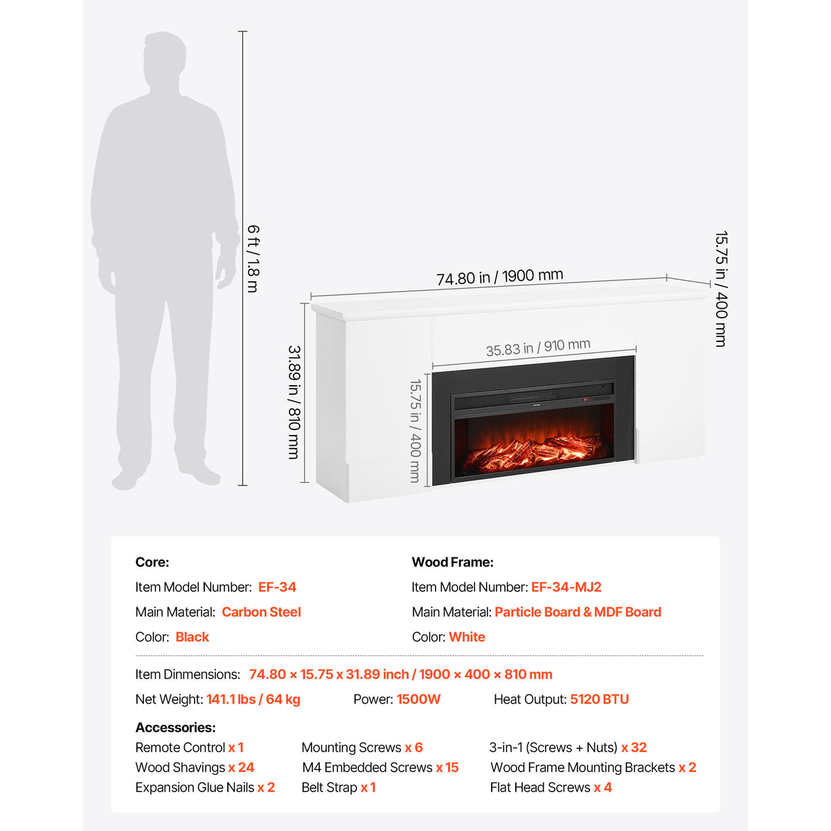 79.7" Black White Steel Electric Fireplace Stove - Bedroom Heating for Living Room