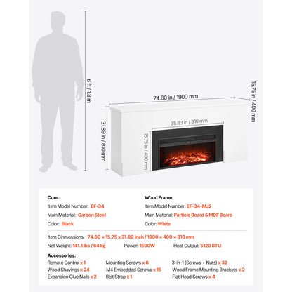 79.7" Black White Steel Electric Fireplace Stove - Bedroom Heating for Living Room