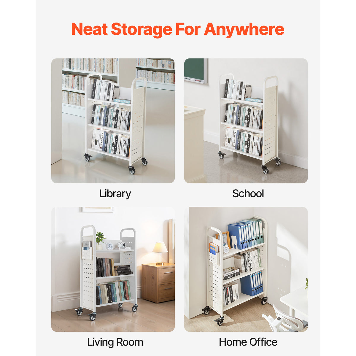 Large White Carbon Steel Book Cart - 3 Tier Rolling Shelf