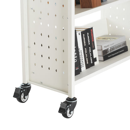 Large White Carbon Steel Book Cart - 3 Tier Rolling Shelf