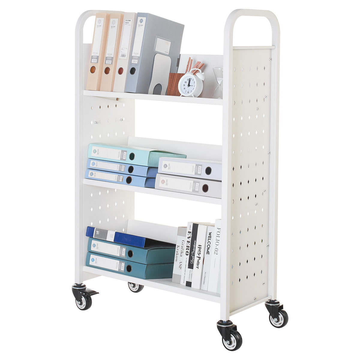 Large White Carbon Steel Book Cart - 3 Tier Rolling Shelf