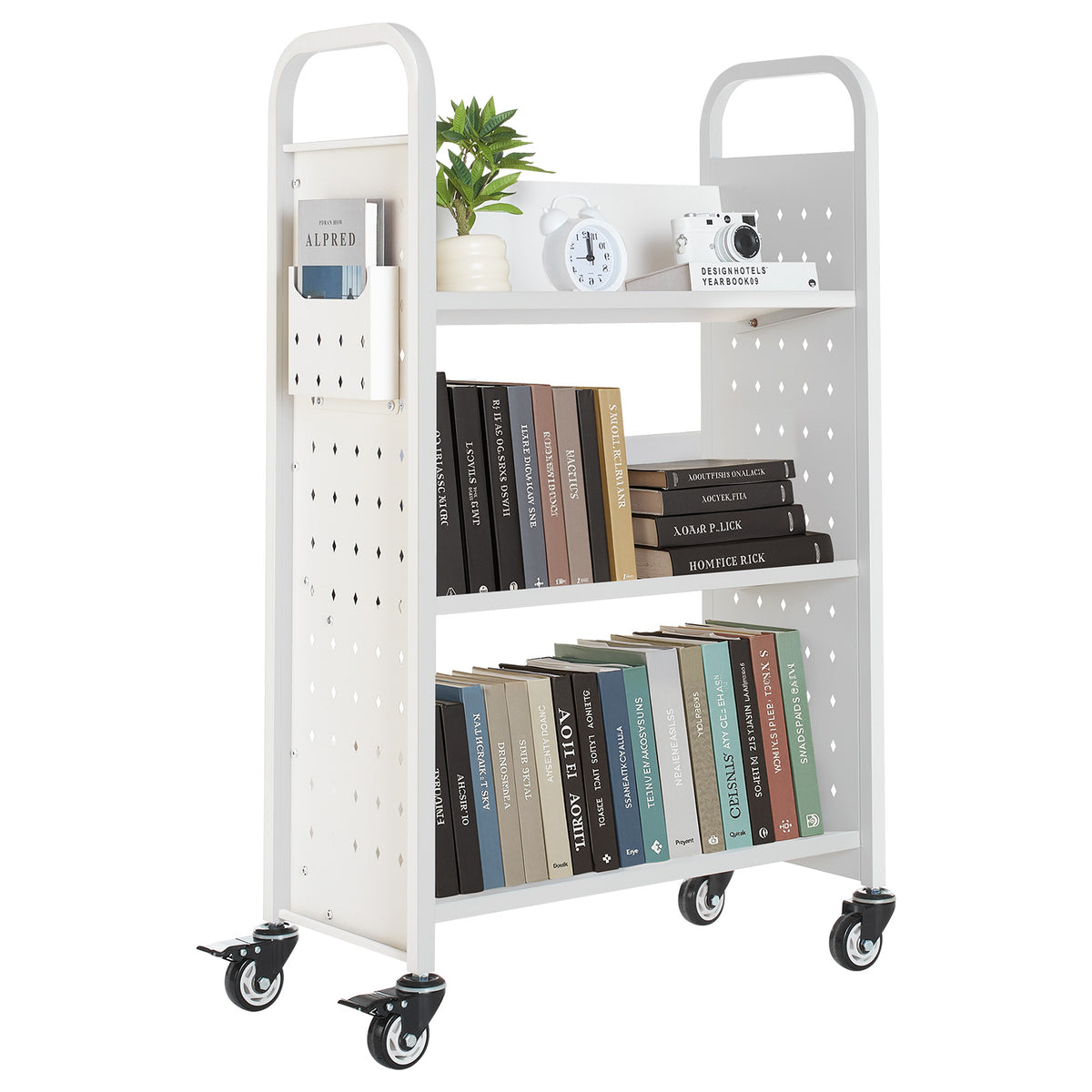 Large White Carbon Steel Book Cart - 3 Tier Rolling Shelf