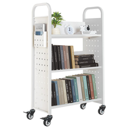 Large White Carbon Steel Book Cart - 3 Tier Rolling Shelf