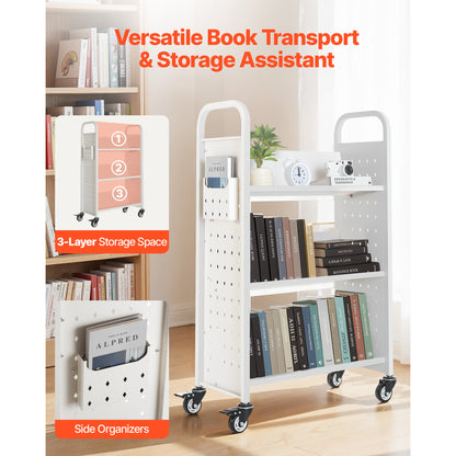 Large White Carbon Steel Book Cart - 3 Tier Rolling Shelf