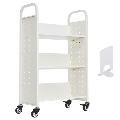 Large White Carbon Steel Book Cart - 3 Tier Rolling Shelf