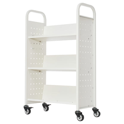 3-Tier Rolling Book Cart Single Sided V-Shaped Shelves Book Truck in White