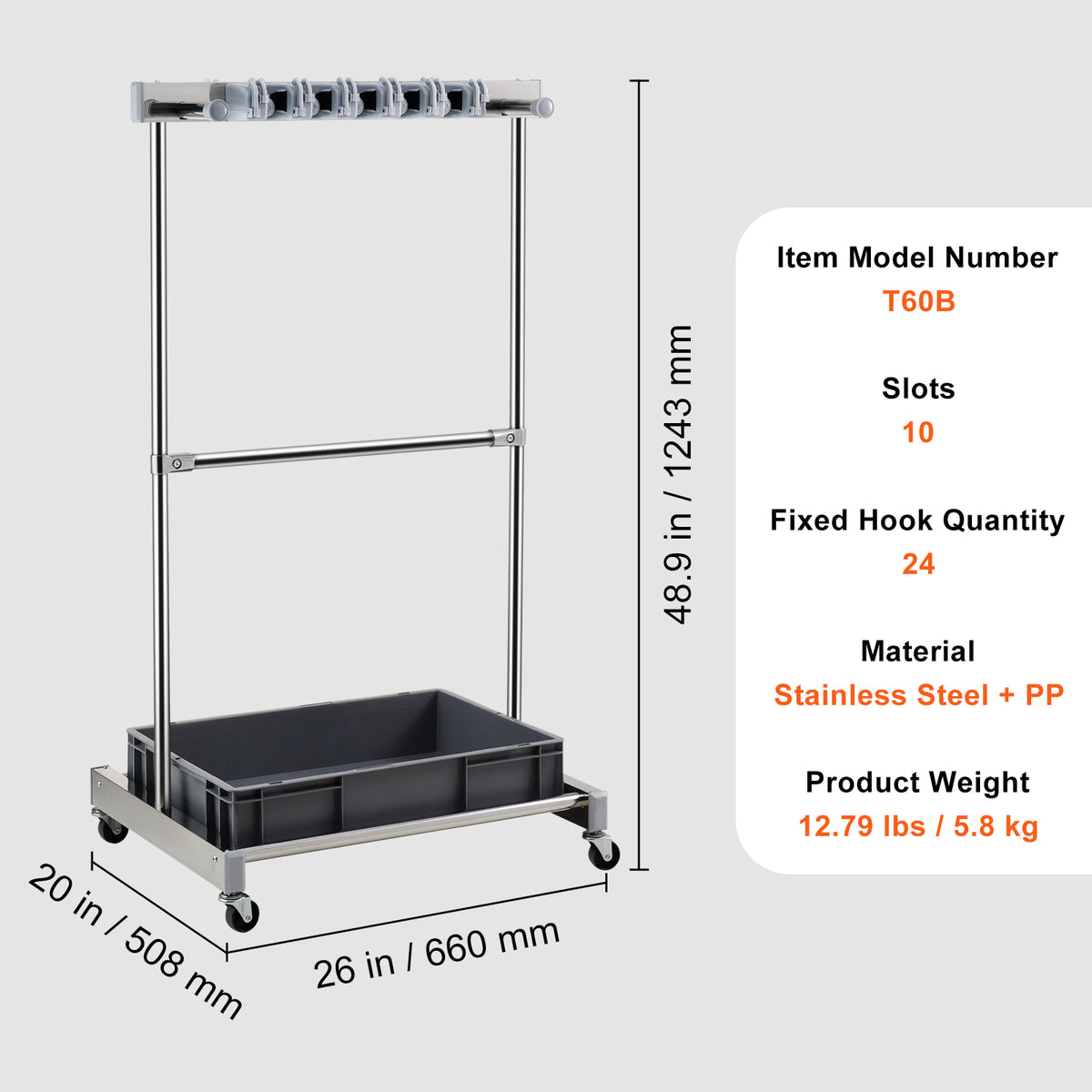 Gray Stainless Steel Garden Tool Organizer with Wheels